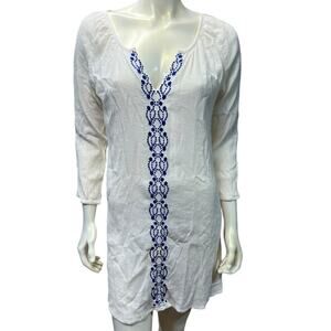 White Cotton Long Sleeve Dress with Blue Embroidery Size Medium